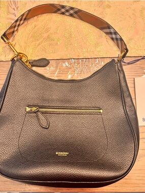 Burberry Black Pebbled Leather Shoulder Bag with Check Strap